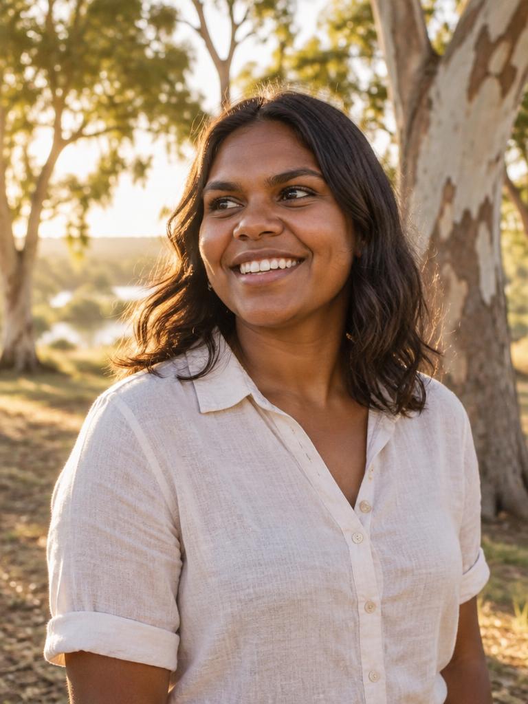 An Aboriginal Australian woman in her twenties smiling in sunlit bushland