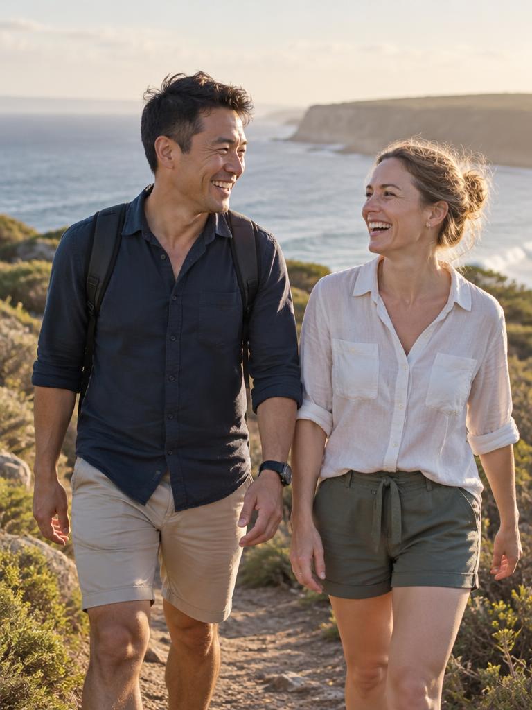 A couple in their forties laughing together on a coastal walk