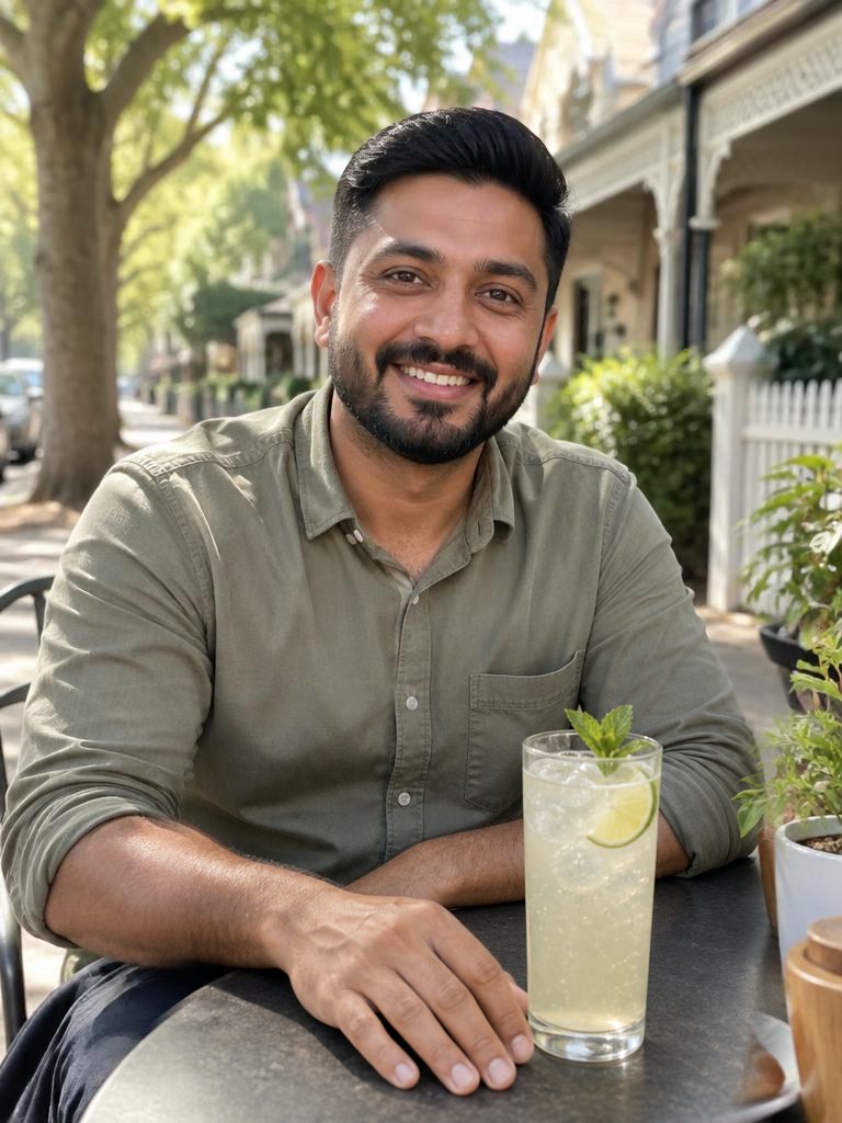 A man in his thirties enjoying coffee at an outdoor café table