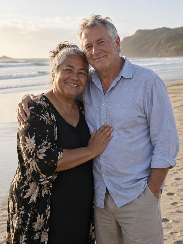 A couple in their sixties standing together on a sandy beach