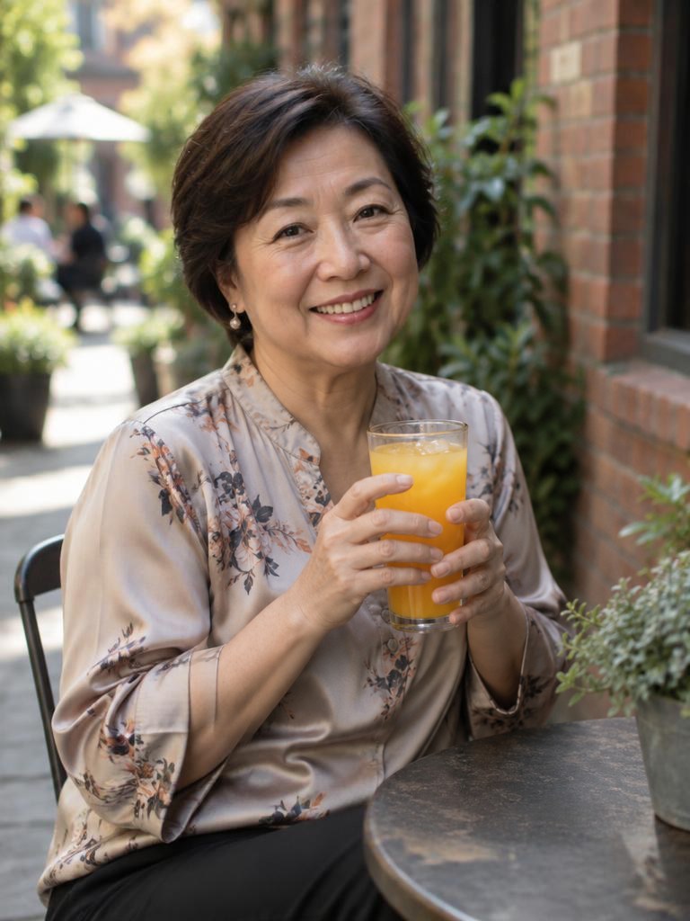 A woman in her late fifties holding a coffee on a café verandah