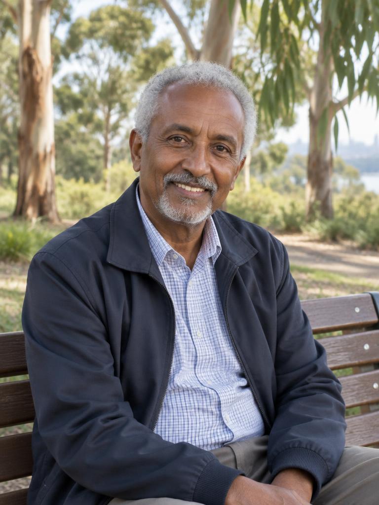 An Ethiopian Australian man in his late sixties smiling on a park bench in a leafy Australian park