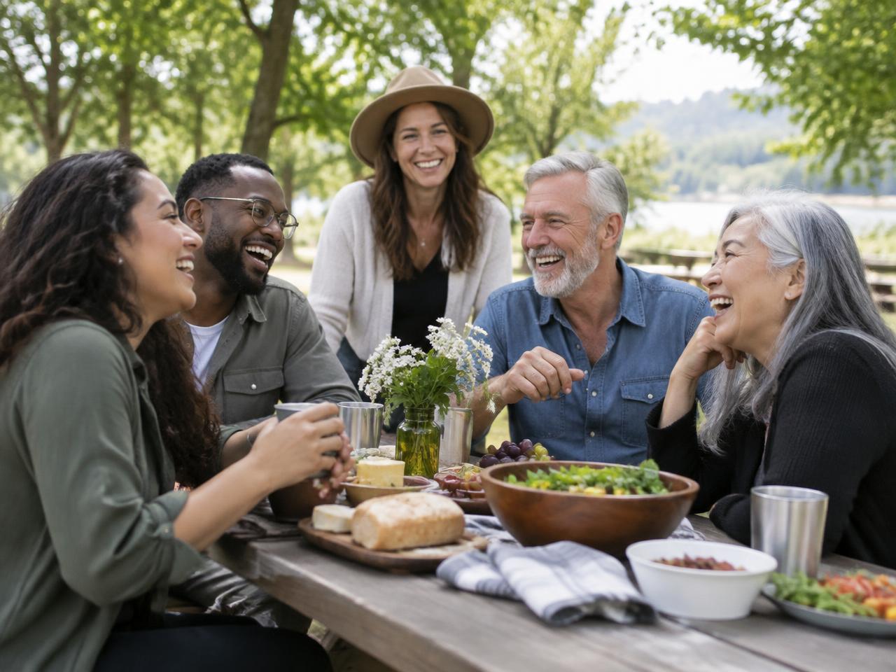 Friends of different ages laughing at a picnic table