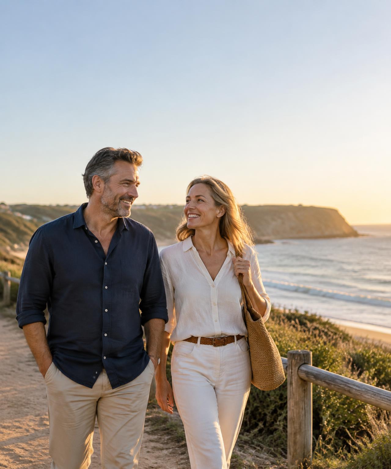 A couple in their forties walking along a coastal path at sunset