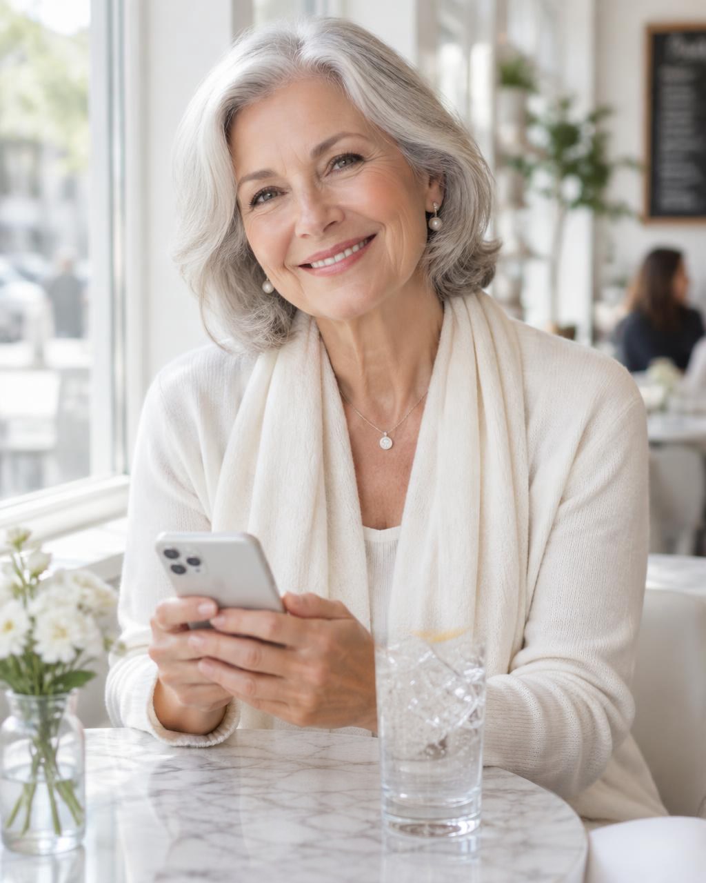 A smiling woman in her sixties using her phone in a café