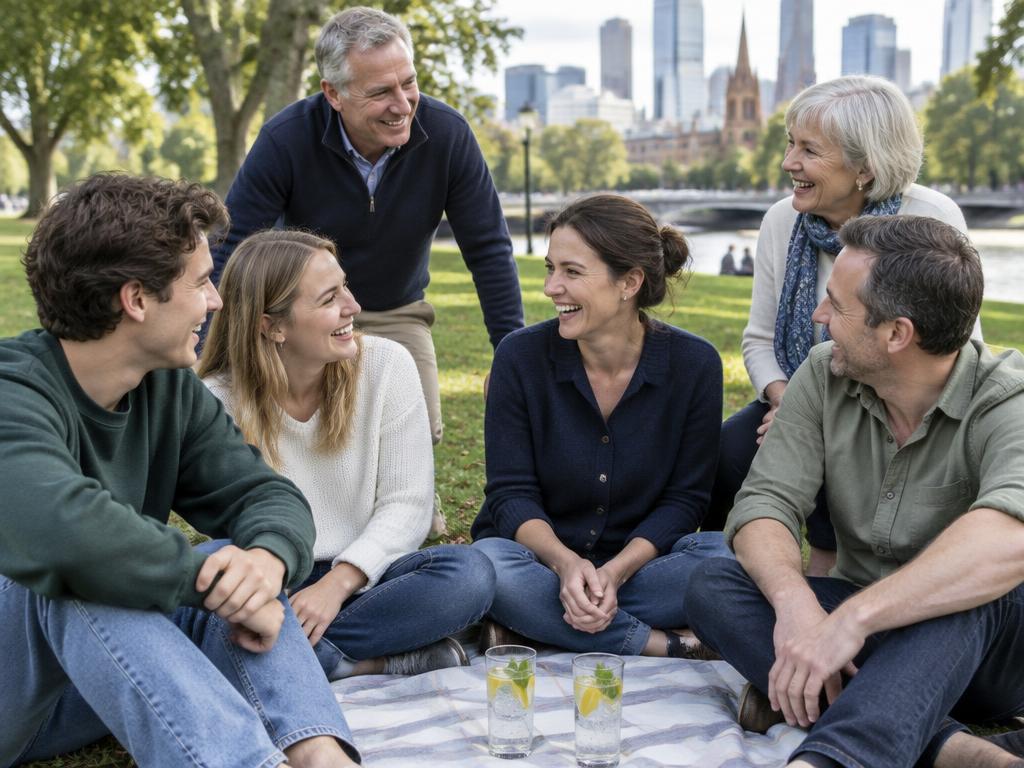 A mixed-age group of Australian friends from their twenties to their sixties sharing a picnic in a park