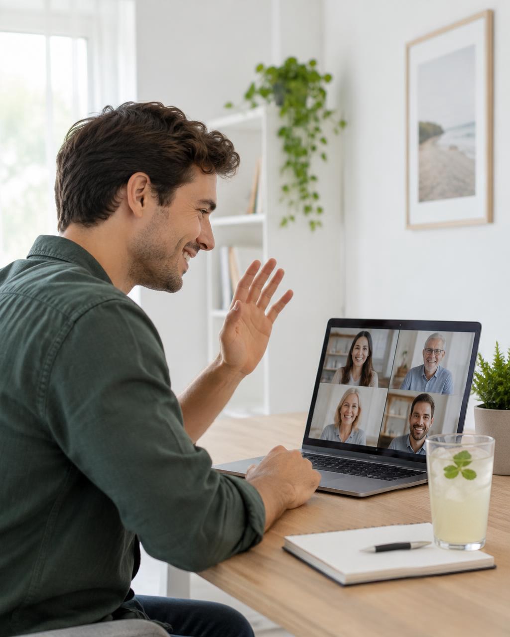 A man waving during a group video call