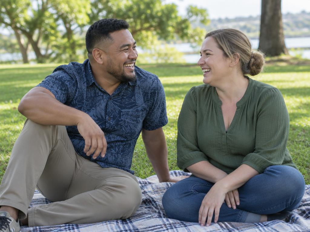 A couple in their late thirties talking and laughing on a picnic rug in an Australian park