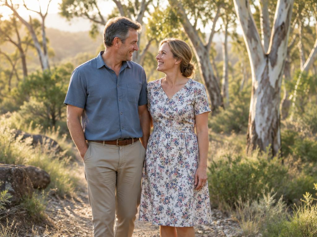 An Australian couple in their forties walking together on a bushland track in golden afternoon light